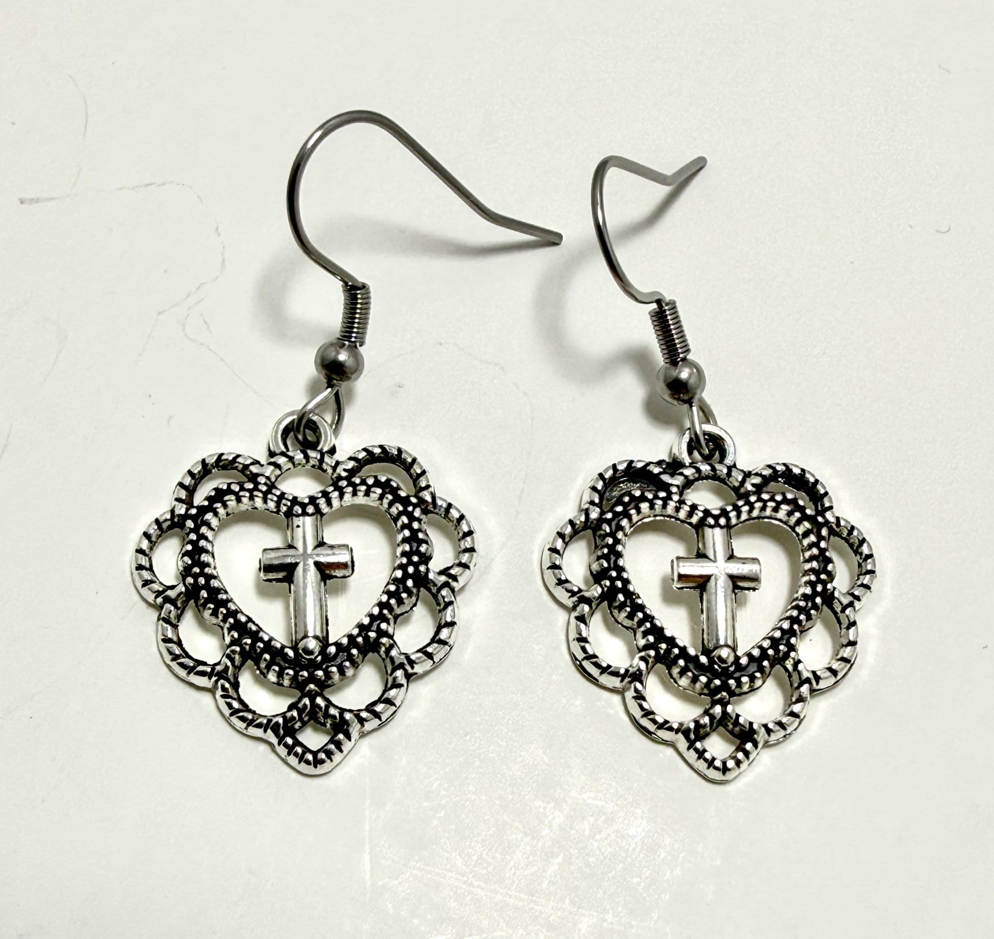 Antique Silver Cross Heart Dangle Earrings — Faithfully Rooted Collection — photo 1