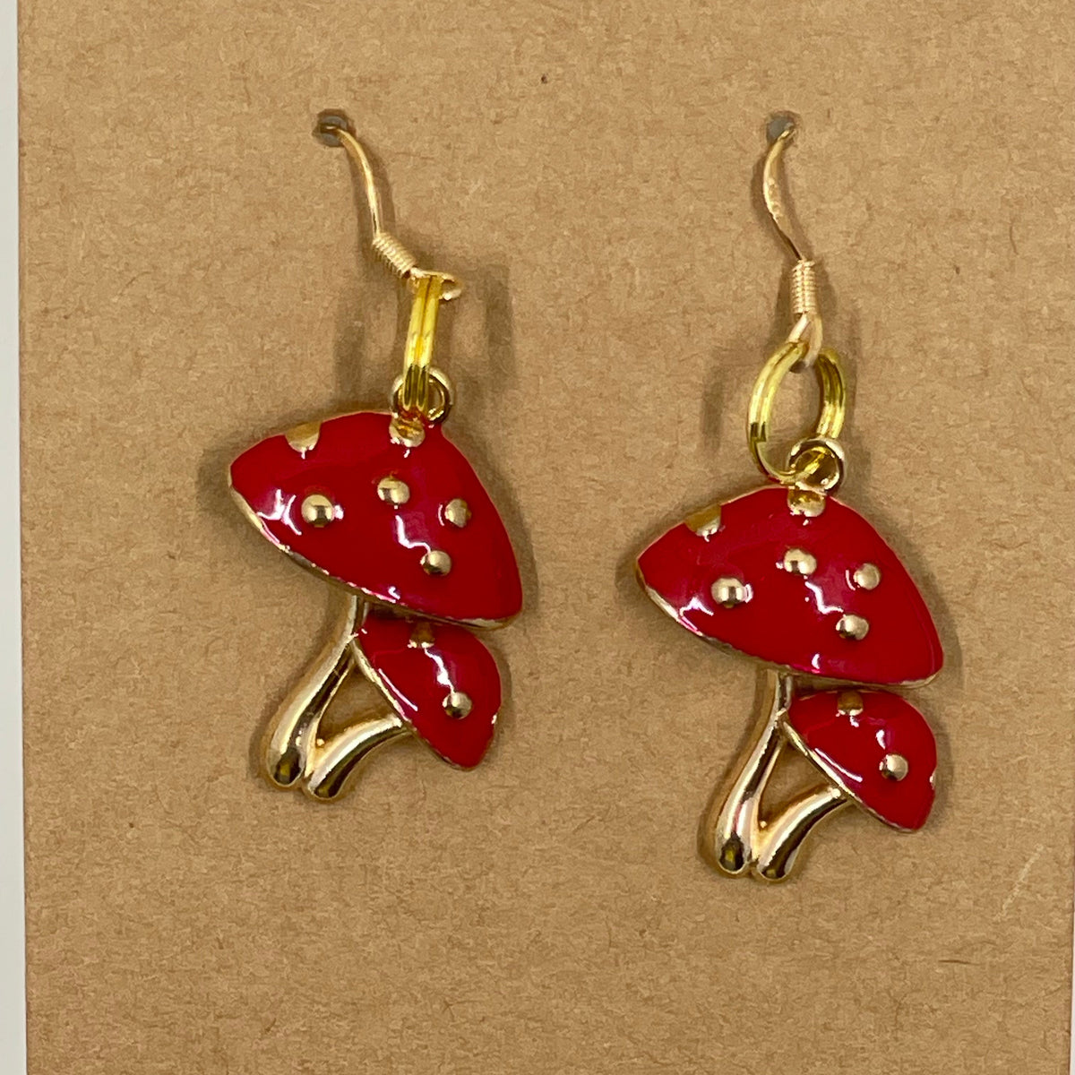 🍄✨ Gold Coated Stainless Steel Red Mushroom Dangle Earrings – Whimsical & Bold