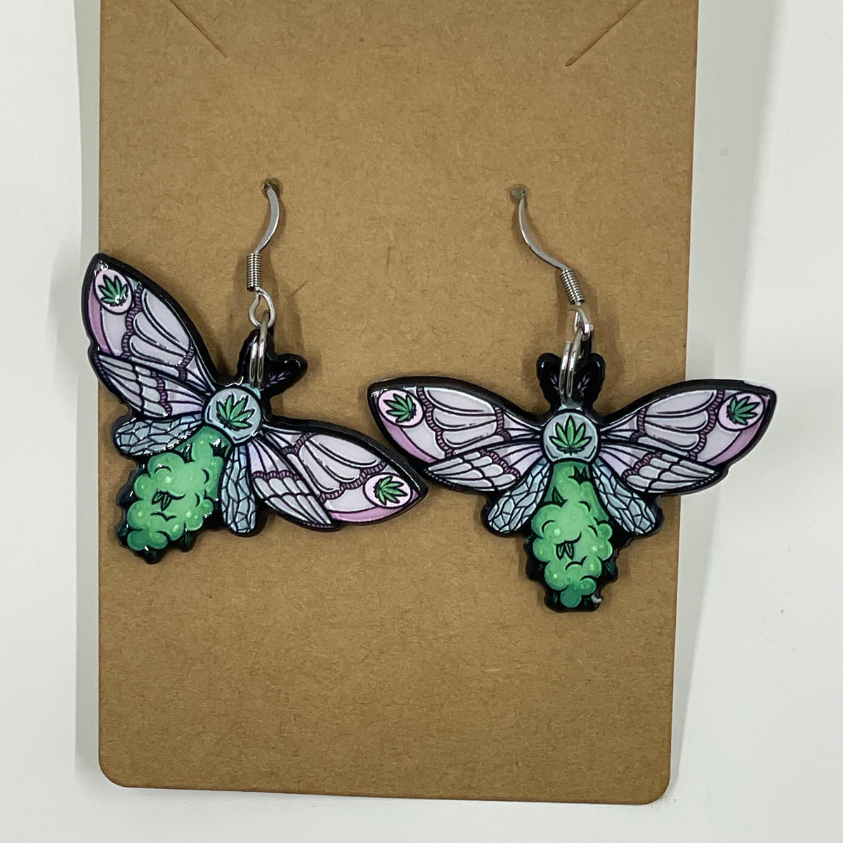 🦋🌿 High Vibes Moth Earrings – Acrylic Weed Leaf Dangle Statement
