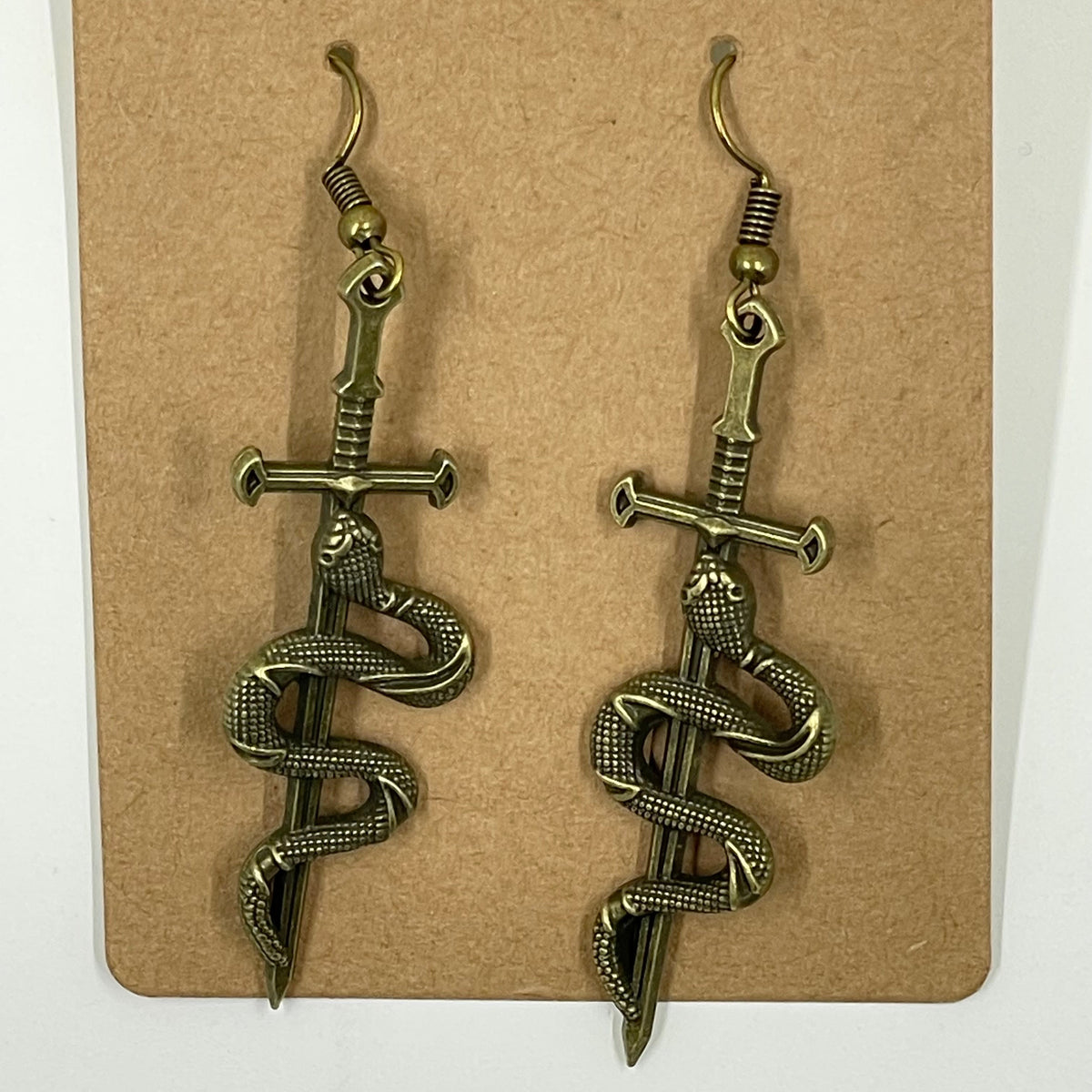 🐍🗡️ Serpent Blade Earrings – Bronze Snake & Sword Dangle Duo