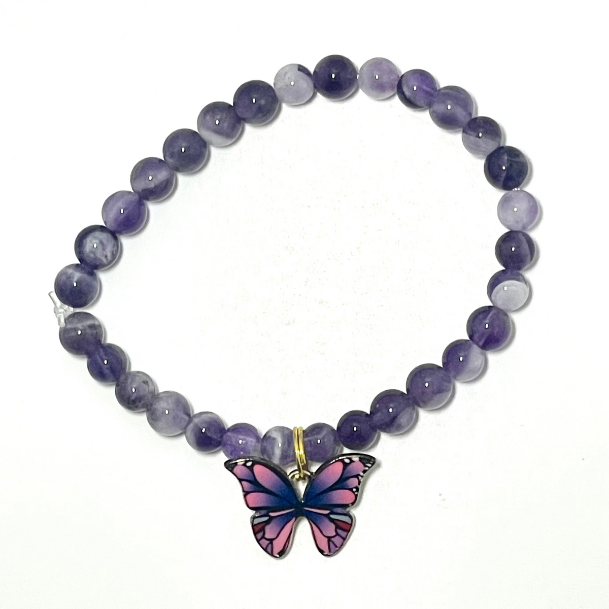 🦋💜 Stretchy 6mm Amethyst Bracelet with Butterfly Charm